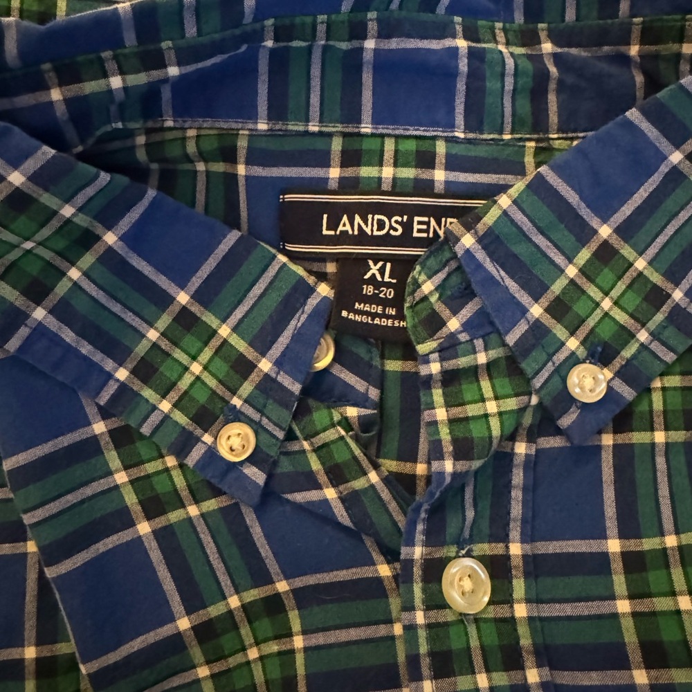 Lands' End Boys XL Blue and Green Checkered Shirt
